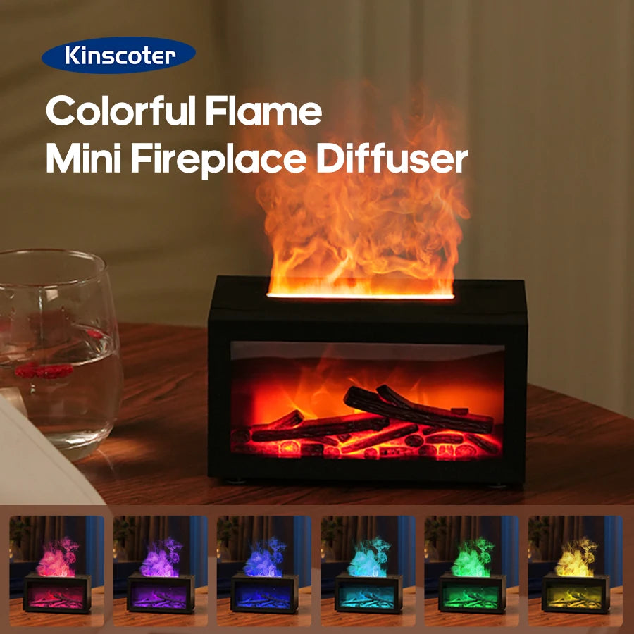 Flame Fireplace Aromatherapy Diffuser & Essential Oil Bundle — 140ml Humidifier with Colorful Mood Lights