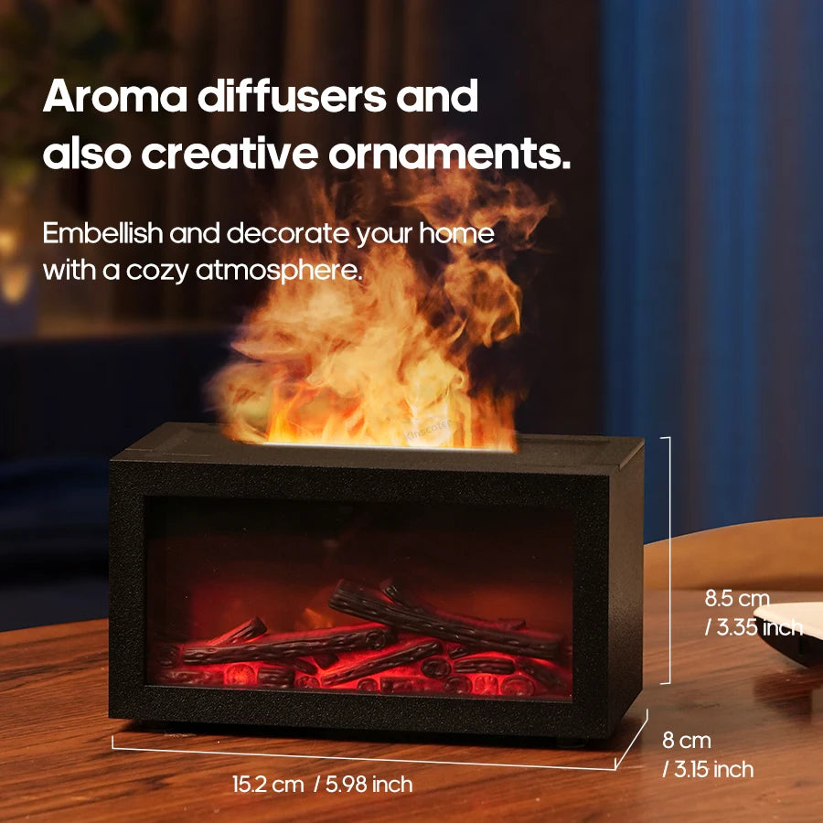 Flame Fireplace Aromatherapy Diffuser & Essential Oil Bundle — 140ml Humidifier with Colorful Mood Lights