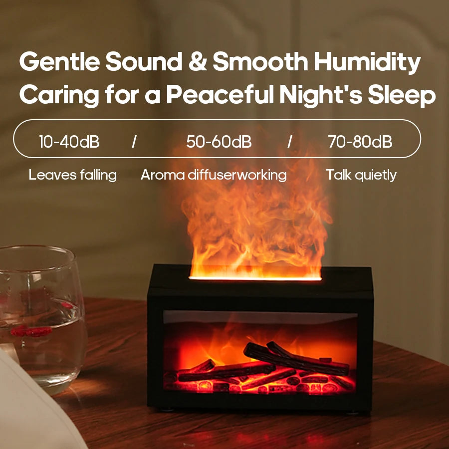 Flame Fireplace Aromatherapy Diffuser & Essential Oil Bundle — 140ml Humidifier with Colorful Mood Lights