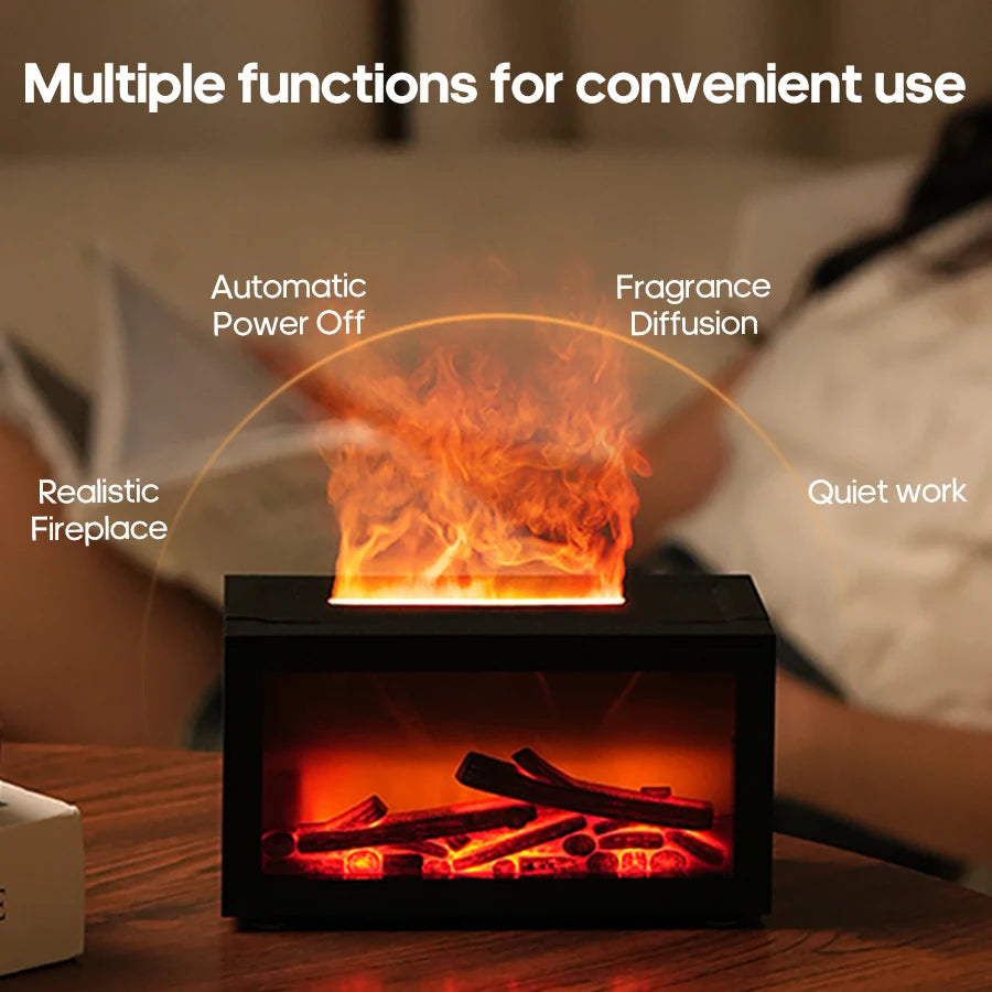 Flame Fireplace Aromatherapy Diffuser & Essential Oil Bundle — 140ml Humidifier with Colorful Mood Lights