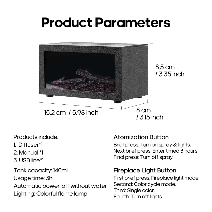 Flame Fireplace Aromatherapy Diffuser & Essential Oil Bundle — 140ml Humidifier with Colorful Mood Lights