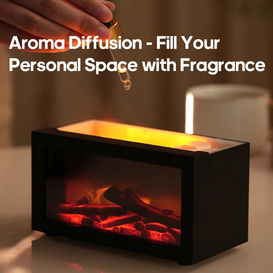 Flame Fireplace Aromatherapy Diffuser & Essential Oil Bundle — 140ml Humidifier with Colorful Mood Lights