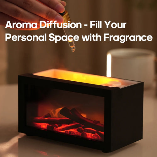 Flame Fireplace Aromatherapy Diffuser & Essential Oil Bundle — 140ml Humidifier with Colorful Mood Lights